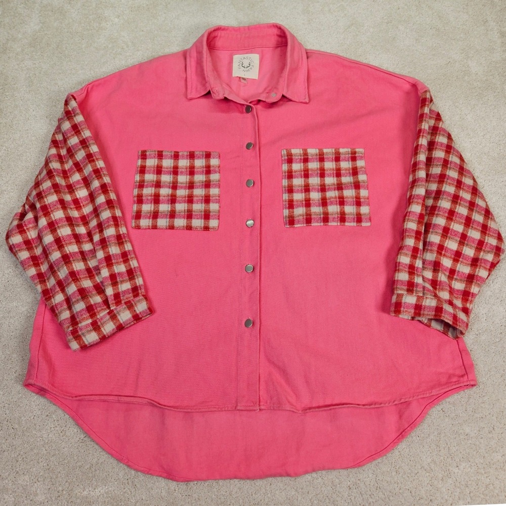 Fantastic Fawn Pink Plaid Sleeve Oversized High-Low Shacket Size L Relaxed Boho